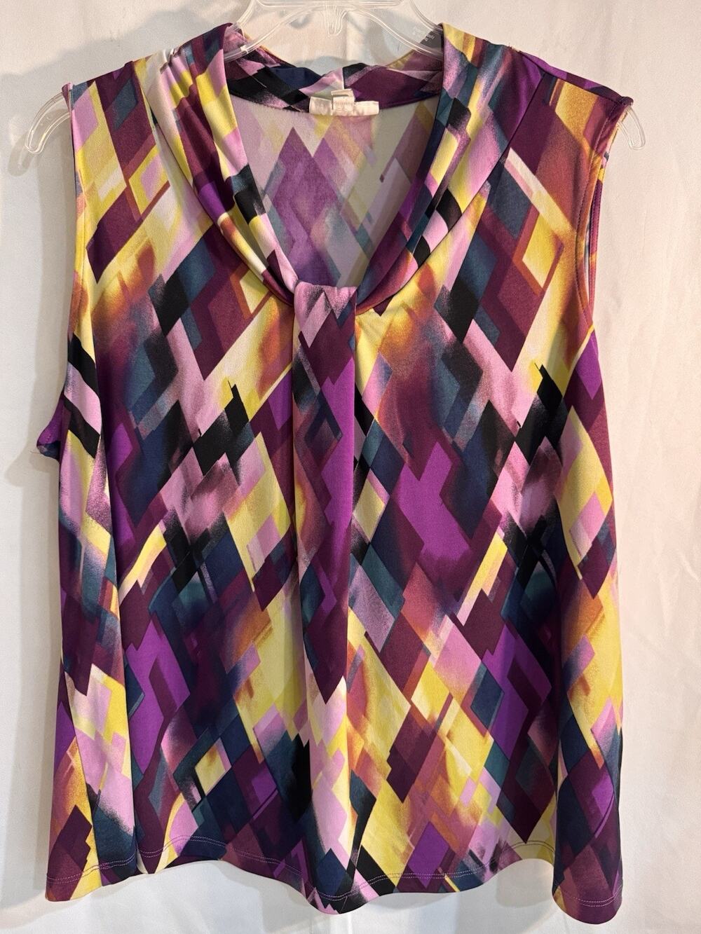 Dana Buchman Tank - Academic Multicolor Geometric V-Neck Polyester - Size 2XL LY